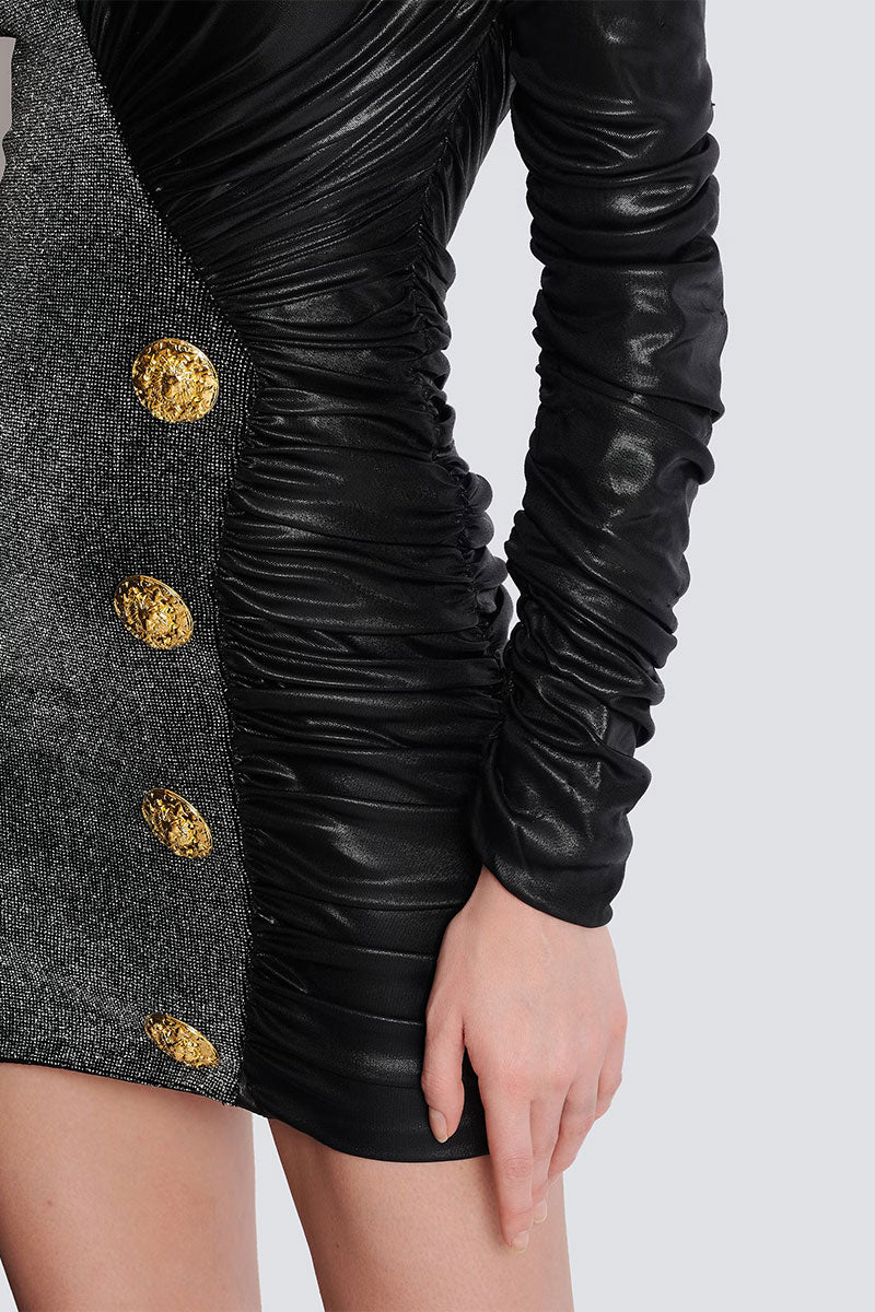 Dual-Fabric Draped Wrap Dress - Image 5