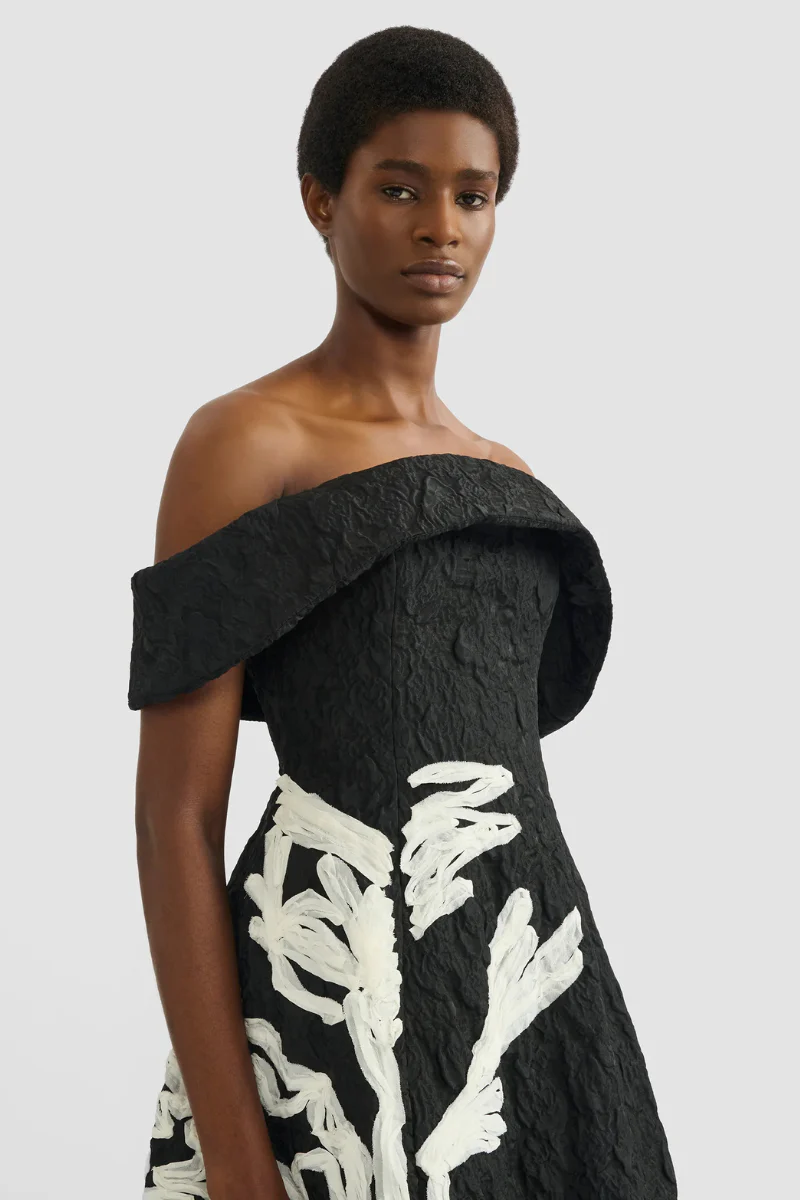 Embroidered Jacquard Off-The-Shoulder Midi Dress - Image 3