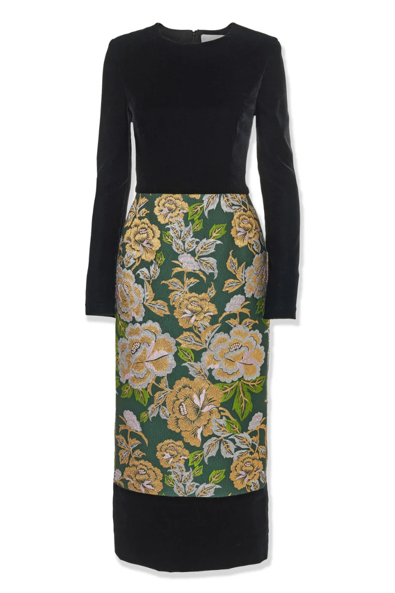 Floral Jacquard and Velvet Midi Dress
