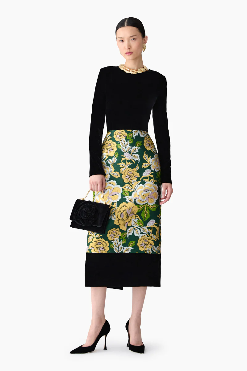 Floral Jacquard and Velvet Midi Dress - Image 2