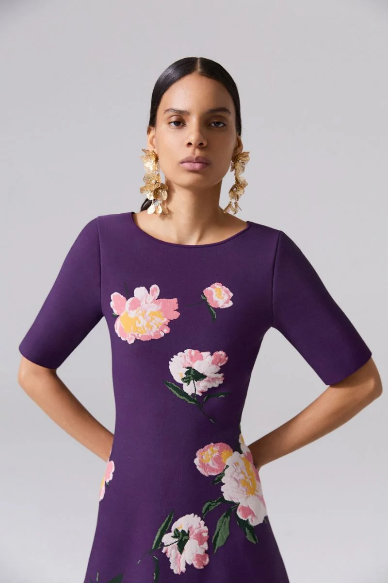 Floral Jacquard Boat-Neck Dress - Image 3