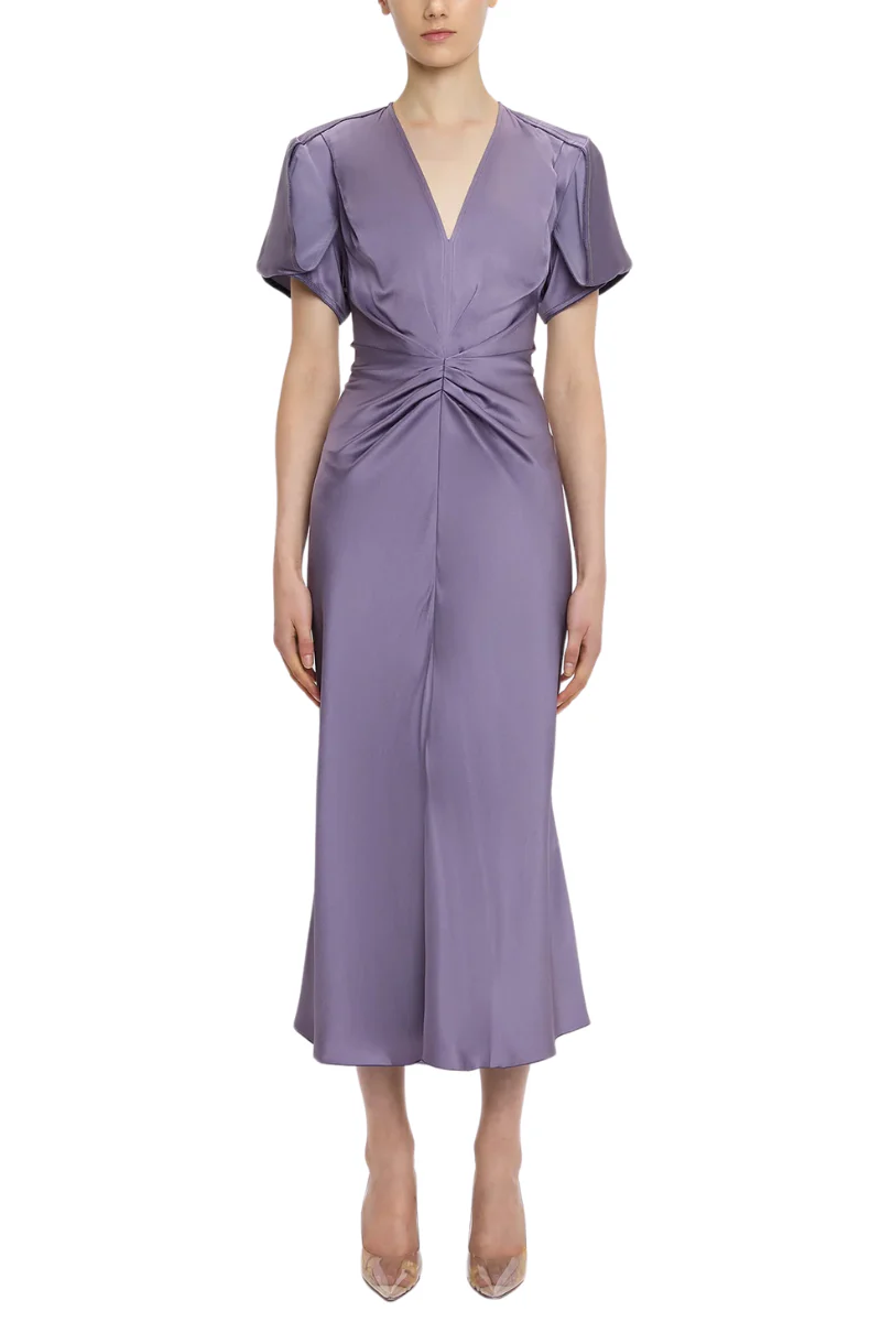 Gathered V-Neck Midi Dress