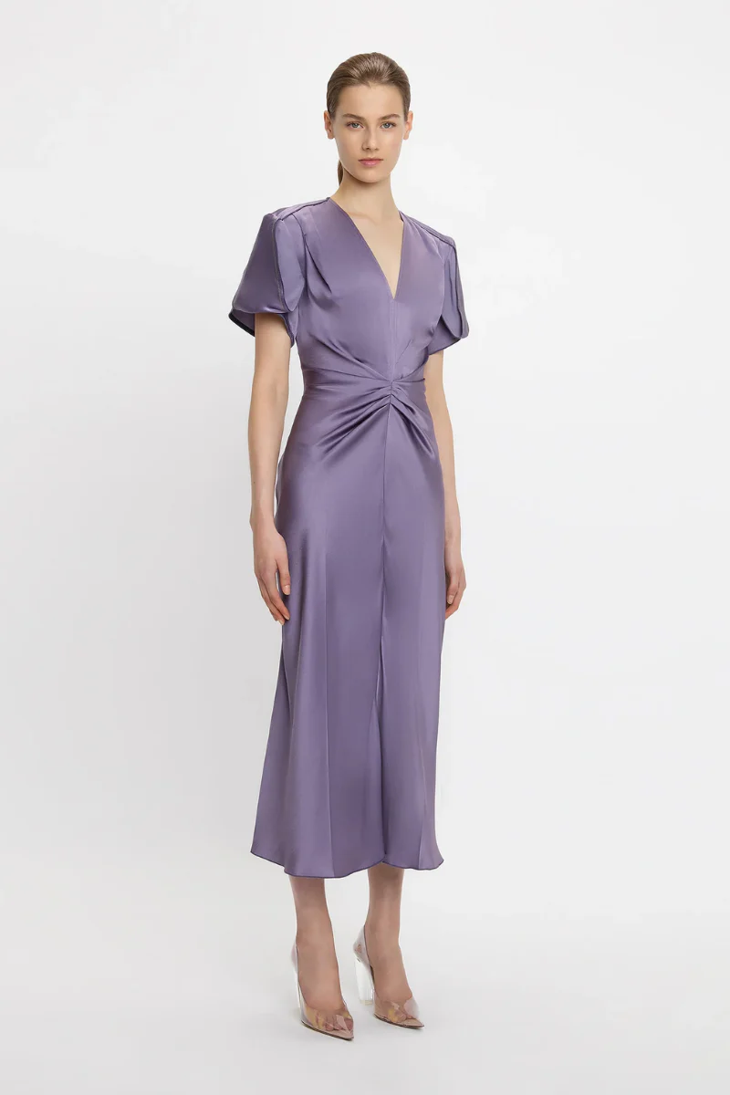 Gathered V-Neck Midi Dress - Image 2