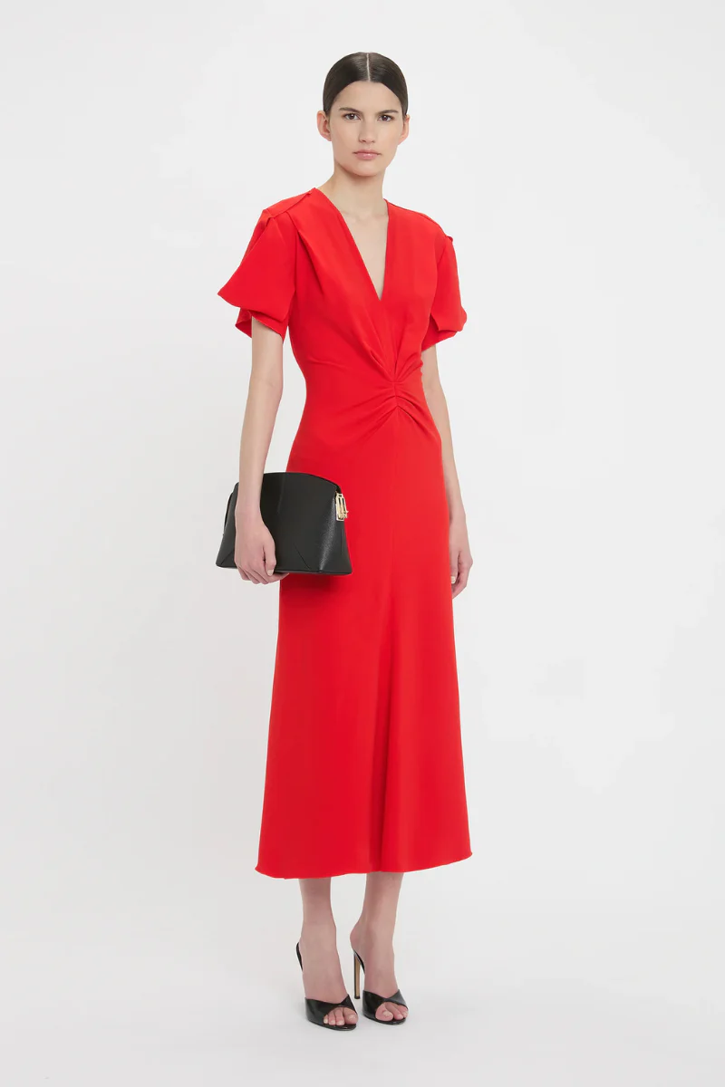 Gathered V-Neck Midi Dress - Image 2