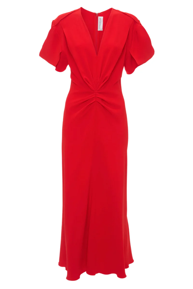 Gathered V-Neck Midi Dress - Image 5