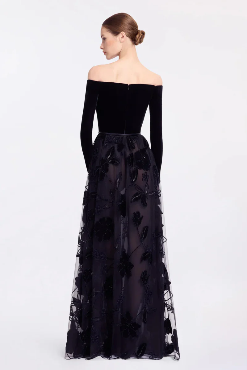 Off-The-Shoulder Velvet Embroidered Gown - Image 3